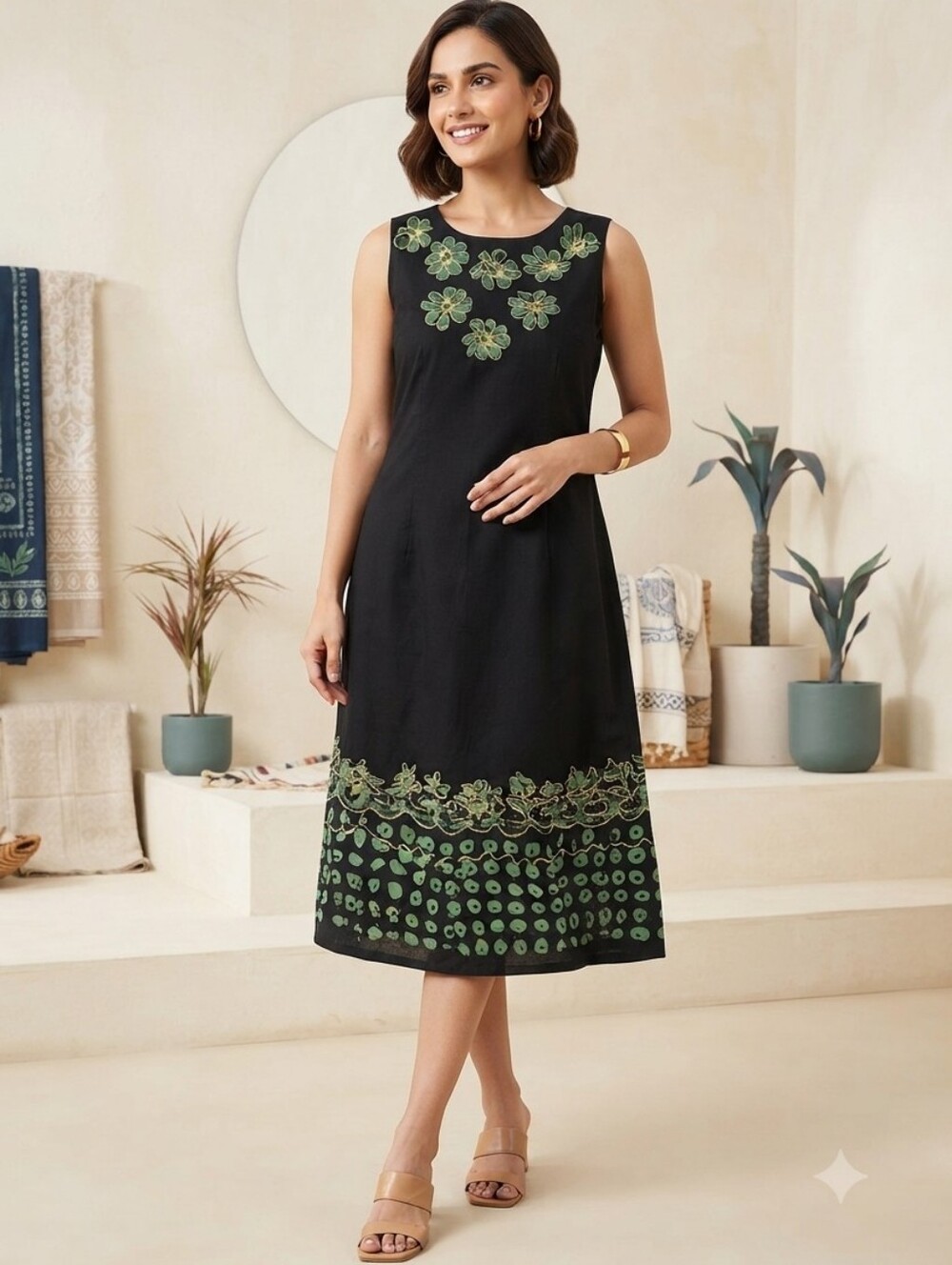 Sleeveless One Size Black Midi Dress with Green Floral Embroidery